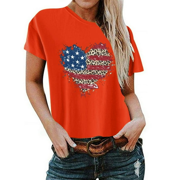 Aoochasliy Womens Blouses Short Sleeve Summer Casual Loose Fitting Independent Day Printed Round Neck Dressy Top