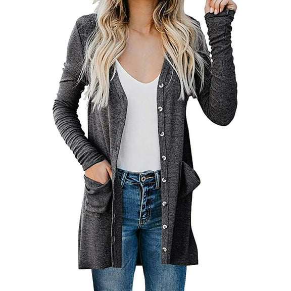 Aoochasliy Womens Cardigan Cardigan Solid Long Sleeve Pocket Button Coat Outerwear