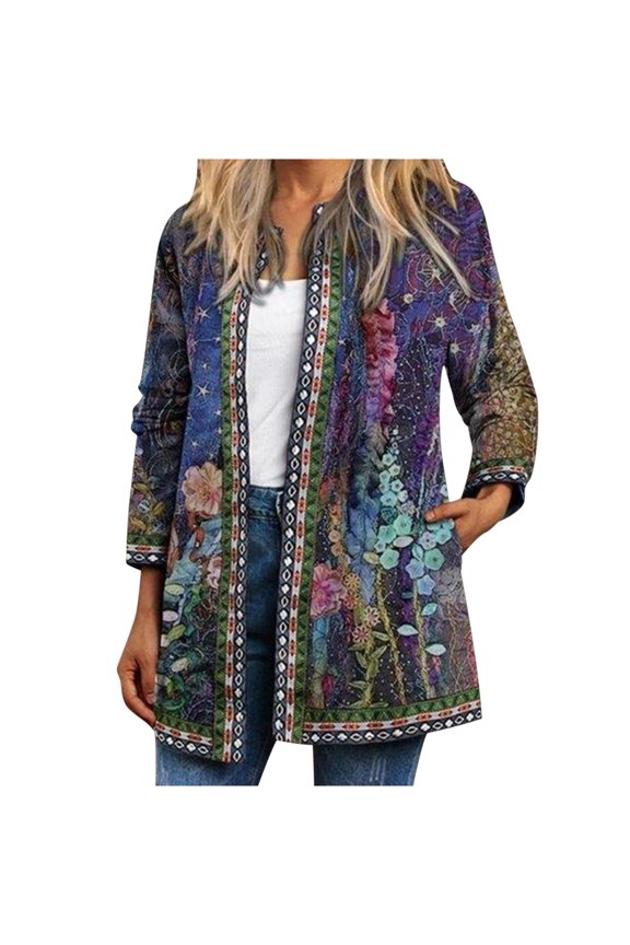 Womens Cardigan Ethnic Jacket O-Neck Full Sleeve Cardigan Vintage Print Coat