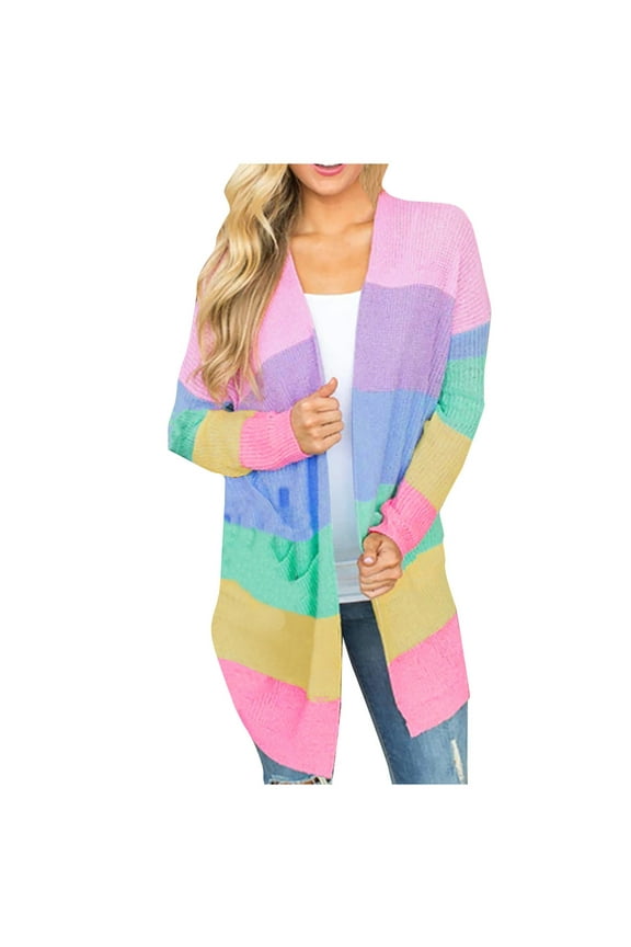 Womens Cardigan Rainbow Color Stripe Long Sleeve Knitted Cardigan Sweater