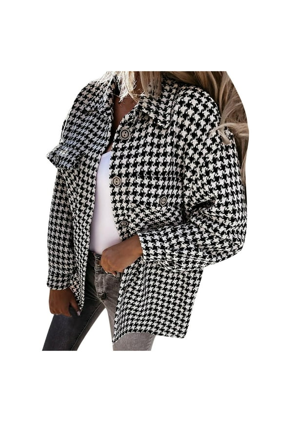 Womens Jackets and Coats Clothes Winter Shackets Blazers Autunm Houndstooth Printed Long Sleeve Turn-down Collar Suit Cardigan Woolen Overcoat Tops