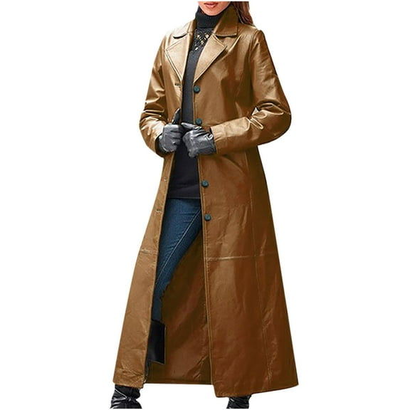 Aoochasliy Womens Jackets and Coats Clothes Winter Trench Parkas Trendy Solid Long Leather Overcoat Imitation Leather Windbreaker Overcoat