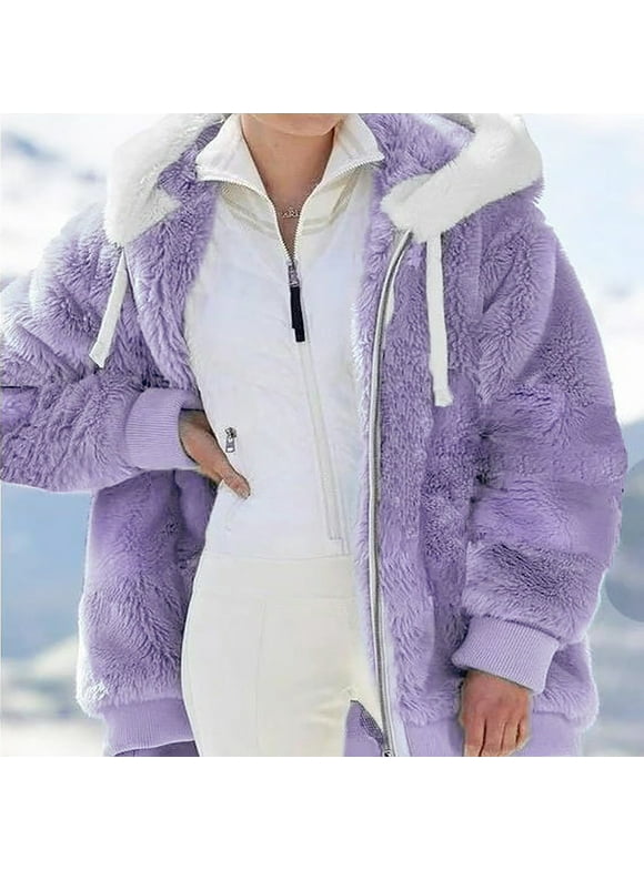 Womens Jackets and Coats Clothes Plus Size Winter Warm Loose Plush Zip Hooded Coat