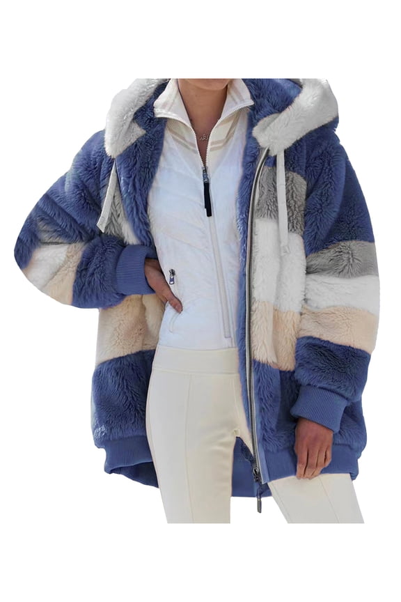Womens Jackets and Coats Plus Size Winter Warm Loose Plush Zip Hooded Coat