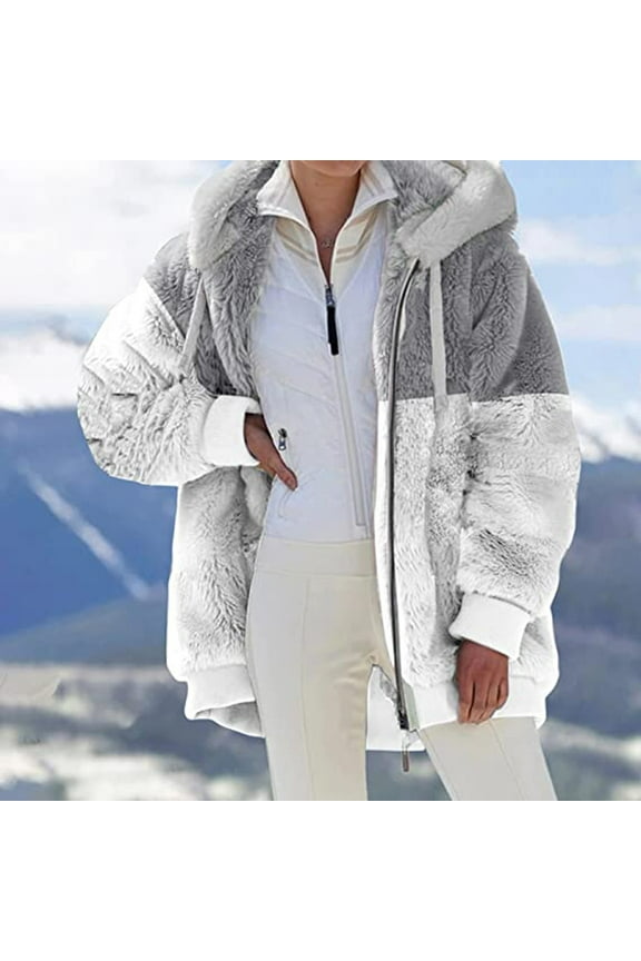Womens Jackets and Coats Plus Size Winter Warm Loose Plush Zip Hooded Coat