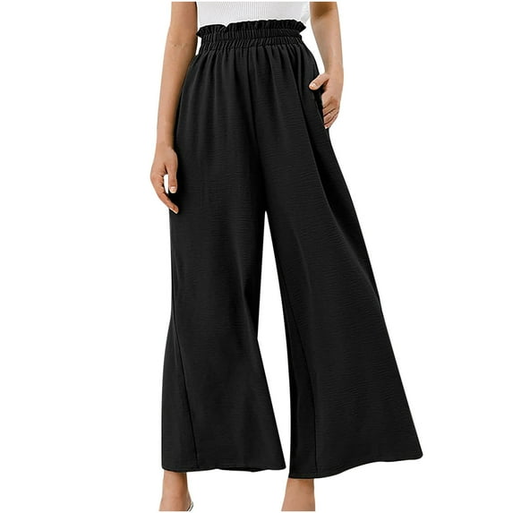Aoochasliy Womens Pants Clothes Casual Solid Linen Drawstring Elastic Waist Long Wide Leg Pants