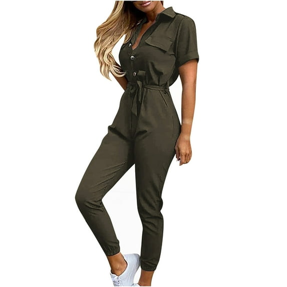Aoochasliy Womens Pants Clothes Fall Fashion Solid Color Casual Lapel Belt Short Sleeve Overalls
