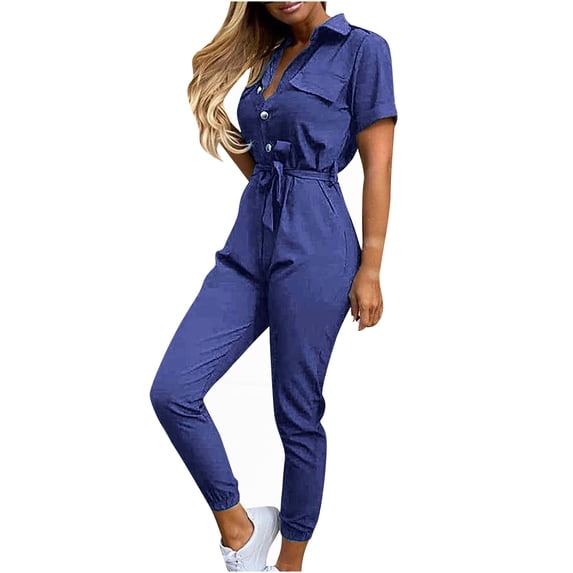 Aoochasliy Womens Pants Clothes Fall Fashion Solid Color Casual Lapel Belt Short Sleeve Overalls