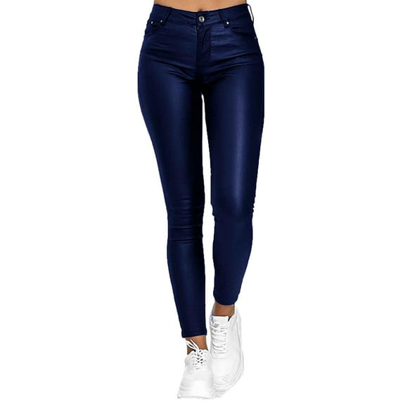 Aoochasliy Womens Pants Fall Fashion Solid Casual Pockets Button High Waist Faux Leather Long Pants
