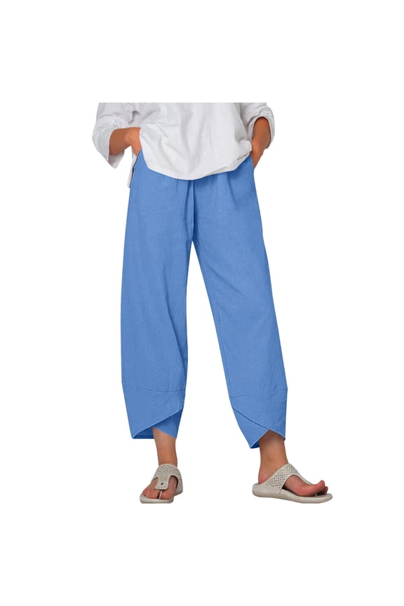 Womens Pants Petite Ladies Lady Casual Flowers print Elastic Waist Wide Leg Pants Trousers