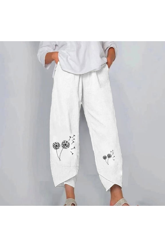 Womens Pants Petite Ladies Lady Casual Flowers print Elastic Waist Wide Leg Pants