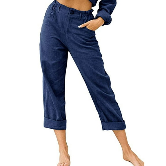 Aoochasliy Womens Pants Plus Size Casual Solid Color Pockets Buttons Elastic Waist Comfortable Straight Pants