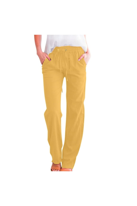 Womens Pants Plus Size Casual Cotton and Linen Solid Drawstring Elastic Waist Long Straight Pants