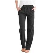 Aoochasliy Womens Pants Plus Size Clearance Elastic Waist Long Straight Pants Casual Cotton and Linen Solid Drawstring