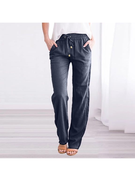 Womens Pants Plus Size Elastic Waist Long Straight Pants Casual Cotton and Linen Solid Drawstring