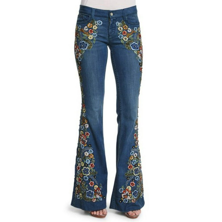 Aoochasliy Womens Pants Plus Size Clearance Embroidery Destoryed Flare  Jeans Button Waist Bell Bottom Denim Pants 