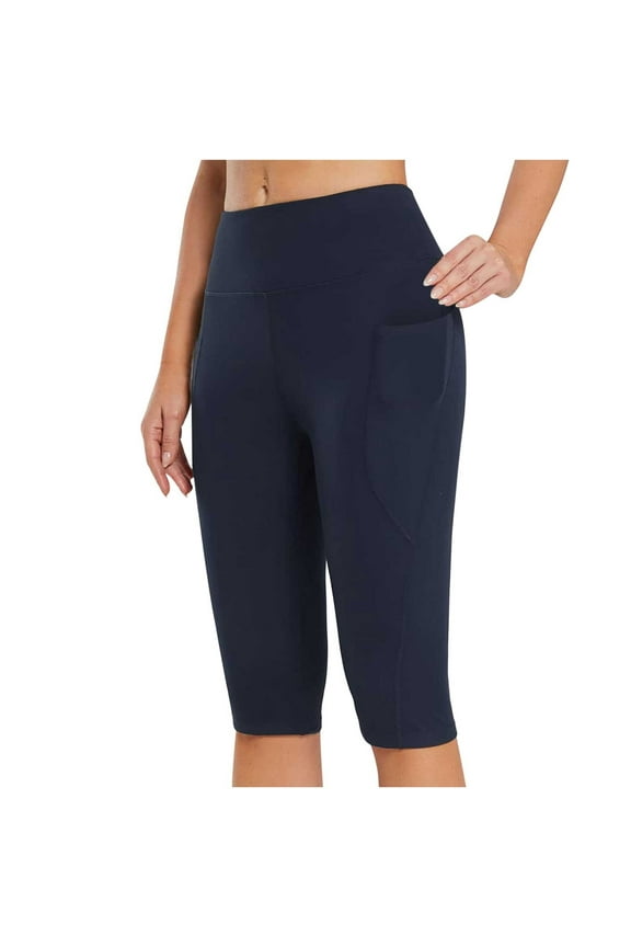 Womens Pants Plus Size Clothes Knee Length Leggings High Waisted Yoga Workout Capris Pockets