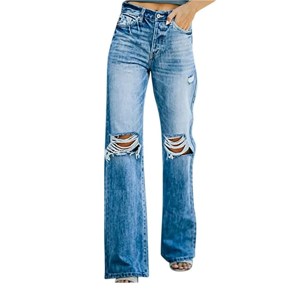 Aoochasliy Womens Pants Plus Size Clothes Petal Pocket Jeans Trousers Loose High Waist Washed Denim Wide-leg for Home Casual Work Play