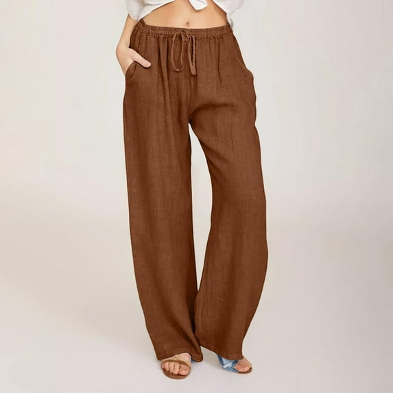 Aoochasliy Womens Pants Plus Size Sweatpants Solid Cotton Linen Drawstring Elastic Waist Long Wide Leg Pants for Home Casual Party