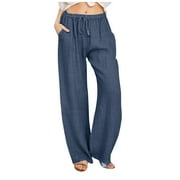 Aoochasliy Womens Pants Plus Size Clearance Sweatpants Solid Cotton Linen Drawstring Elastic Waist Long Wide Leg Pants Deals of the Day
