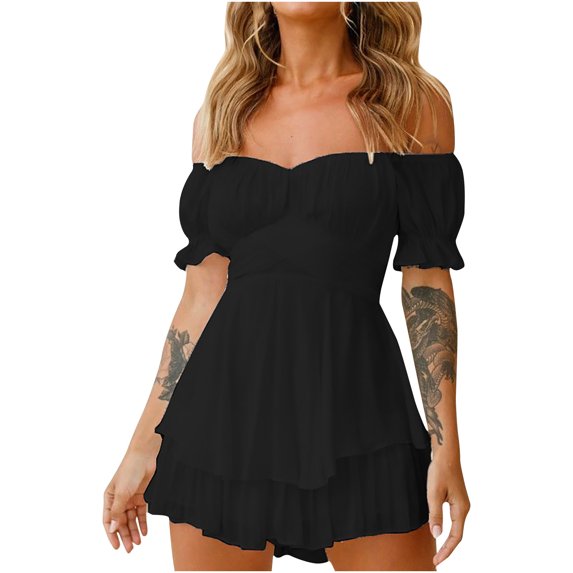 Aoochasliy Womens Pants Plus Size Clothes Summer Casual Solid Color Short Sleeve Slash-Neck Women's Jumpsuit