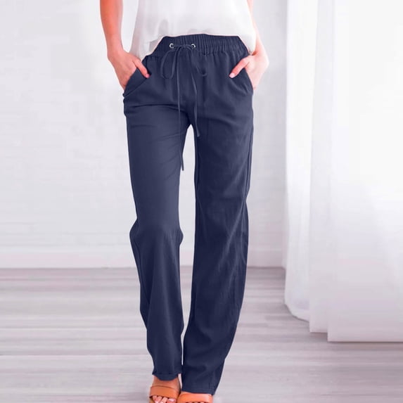 Aoochasliy Womens Pants Plus Size Elastic Waist Long Straight Pants Casual Cotton and Linen Solid Drawstring