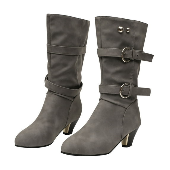 Aoochasliy Womens Shoes Boots Autumn Winter Thick Heel Mid-tube with Belt Buckle Warm Shoes Basic Clothes