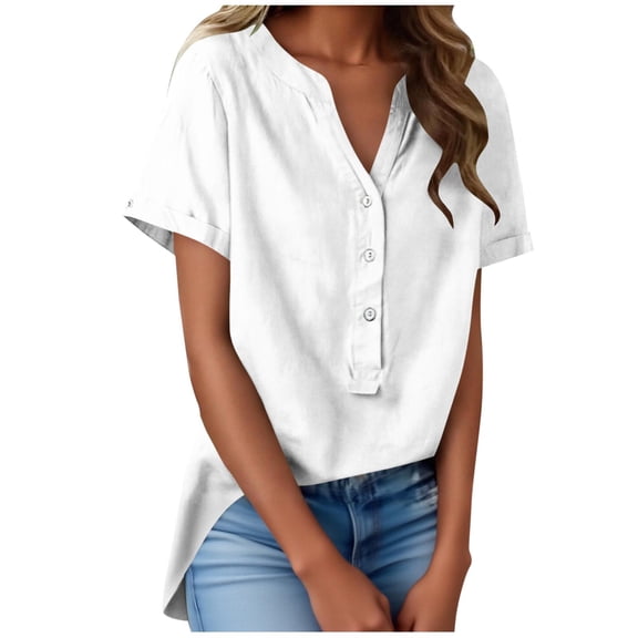 Aoochasliy Womens Short Sleeve Shirts V Neck Collared Button Down Shirt Tops with Pockets