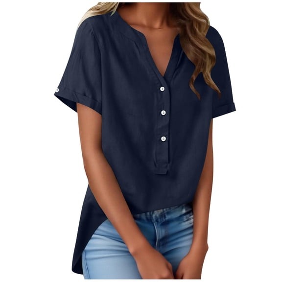 Aoochasliy Womens Short Sleeve Shirts V Neck Collared Button Down Shirt Tops with Pockets
