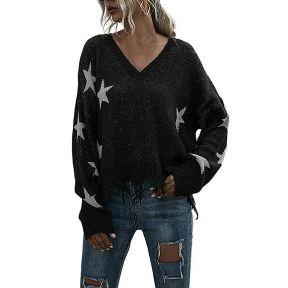 Aoochasliy Womens Sweaters Clearance Pullover Cardigan Solid Color V-Neck Knit Tops