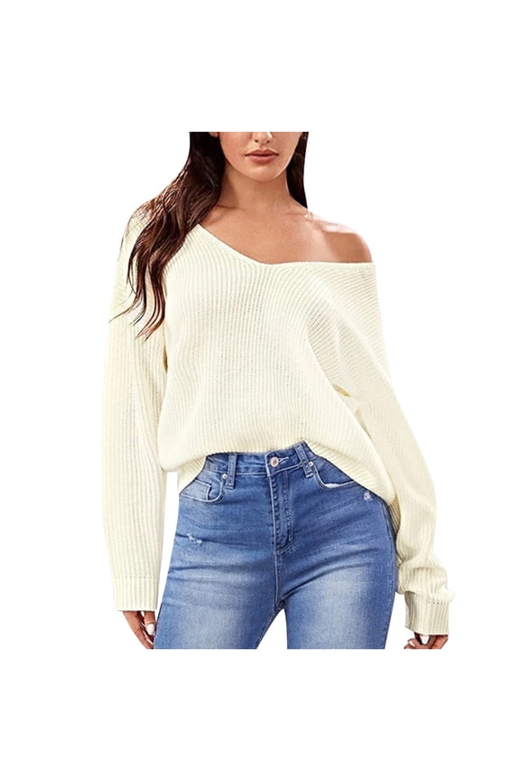 Womens Sweaters Clothes Pullover Elastic Solid Color Strap V-neck Tops