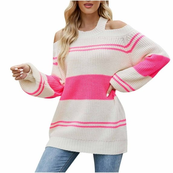 Aoochasliy Womens Sweaters Clothes Pullover Long Sleeves Matching Round Neck Stripe Tops Blouse Knitted