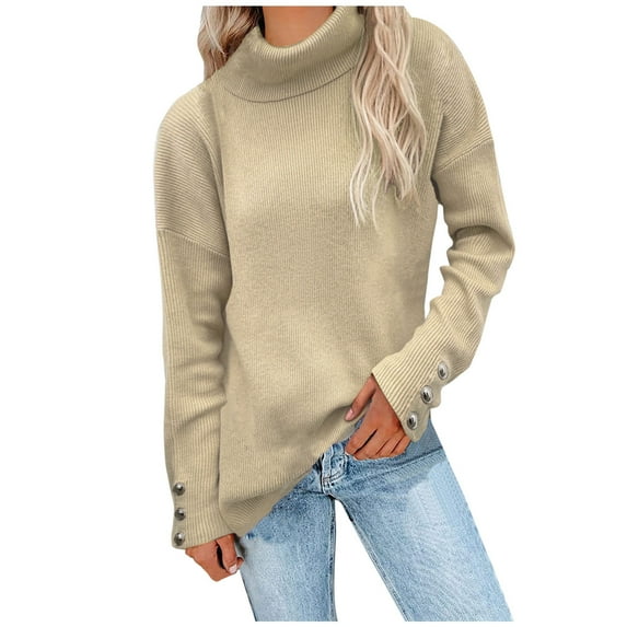 Aoochasliy Womens Sweaters Clearance Pullover Solid Long Sleeve Turtleneck-Neck Cardigan Tops