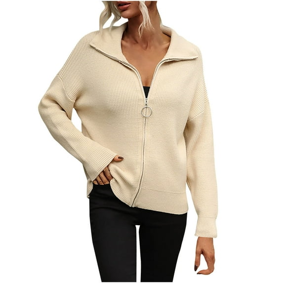 Aoochasliy Womens Sweaters Clothes Pullover Stand-up Collar Long Sleeve Zipper Solid Color Knit Tops