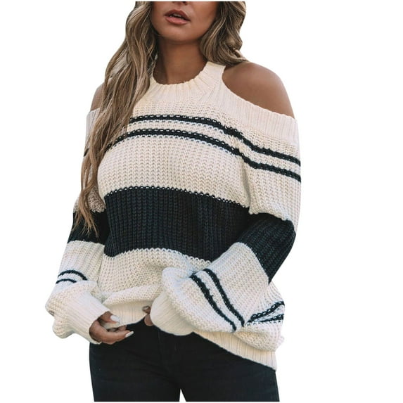 Aoochasliy Womens Sweaters Clothes Pullover Long Sleeves Matching Round Neck Stripe Tops Blouse Knitted