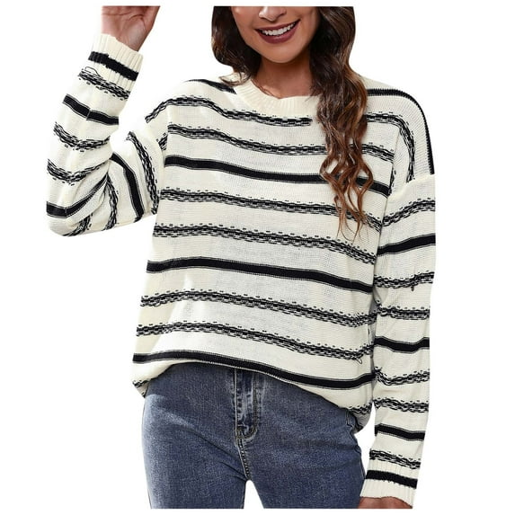 Aoochasliy Womens Sweaters Clothes Pullover Round-Neck Stripe Splicing Recreational Knitting Long Sleeve Tops