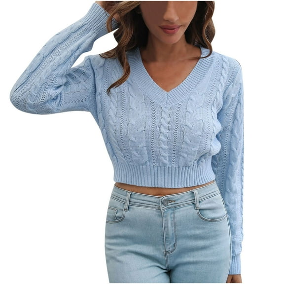 Aoochasliy Womens Sweaters Clothes Pullover V-neck Knit Short Raglan Long-sleeved Raglan New