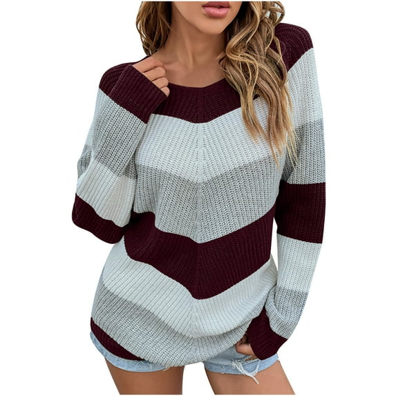 Aoochasliy Womens Sweaters Pullover Clearance Casual Trendy Color Matching Pullover Round-Neck