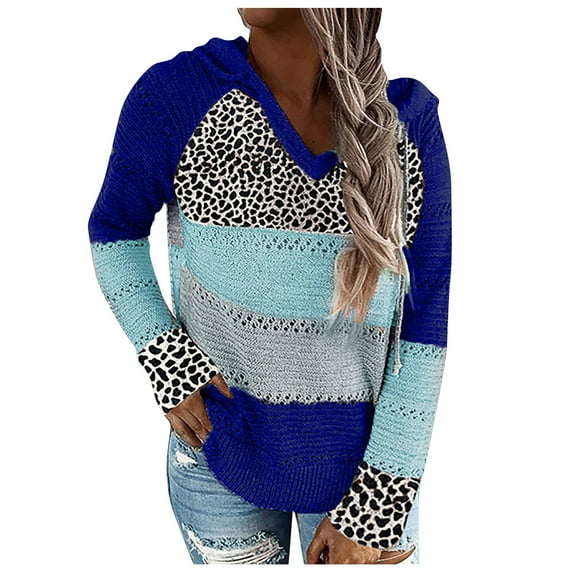 Aoochasliy Womens Sweaters Pullover Clothes Leopard Patchwork V-Neck Hooded Sweater Blouse Tops