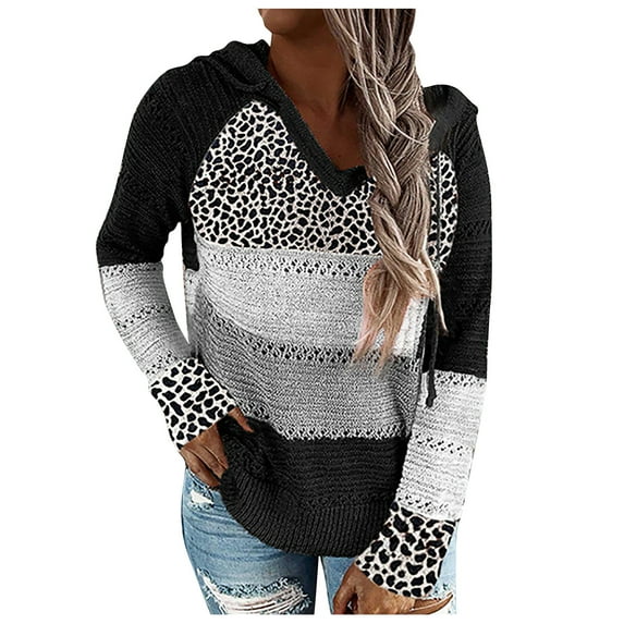 Aoochasliy Womens Sweaters Pullover Clearance Leopard Patchwork V-Neck Hooded Sweater Blouse Tops