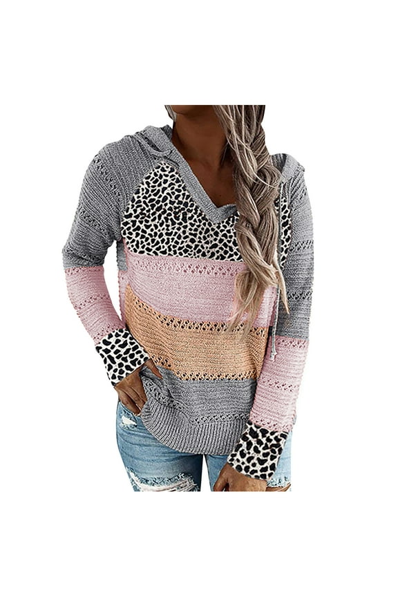 Womens Sweaters Pullover Clearance Leopard Patchwork V-Neck Hooded Sweater Blouse Tops