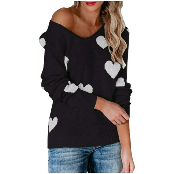 Aoochasliy Womens Sweaters Pullover Clothes Oversized V Neck Love Printing Casual Loose Knit Tops