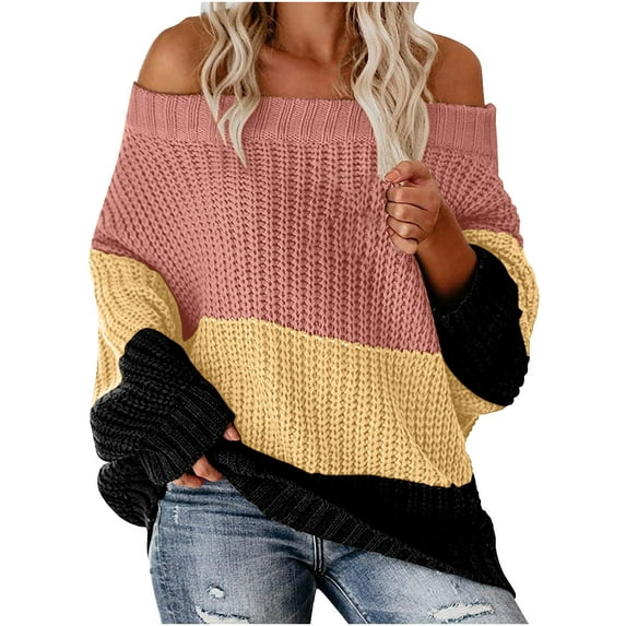 Aoochasliy Womens Sweaters Pullover Clearance Patchwork Loose Cold Shoulder knitting Pullover