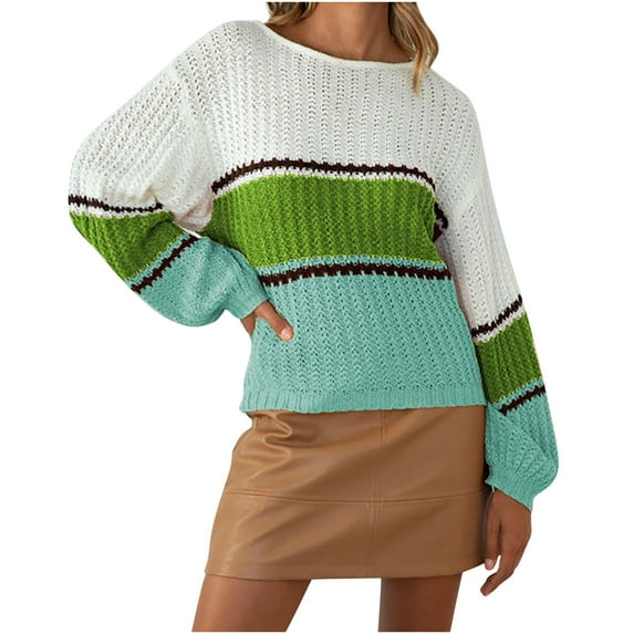 Aoochasliy Womens Sweaters Pullover Clearance Solid Color Splicing Line O-Neck Sweater Tops Blouse