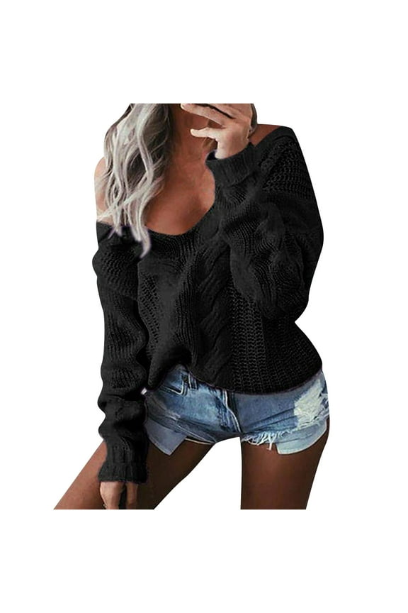 Womens Sweaters Pullover Clothes Solid off Shoulder Pullover V-Neck Blouse Tops Sweater