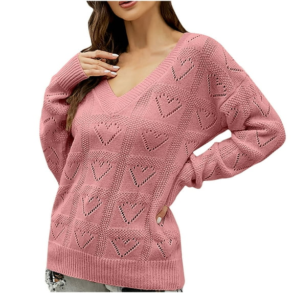 Aoochasliy Womens Sweaters Pullover Clearance Trendy Autumn Winter Solid Love Heart Hollow Out V-Neck Pullover Tops