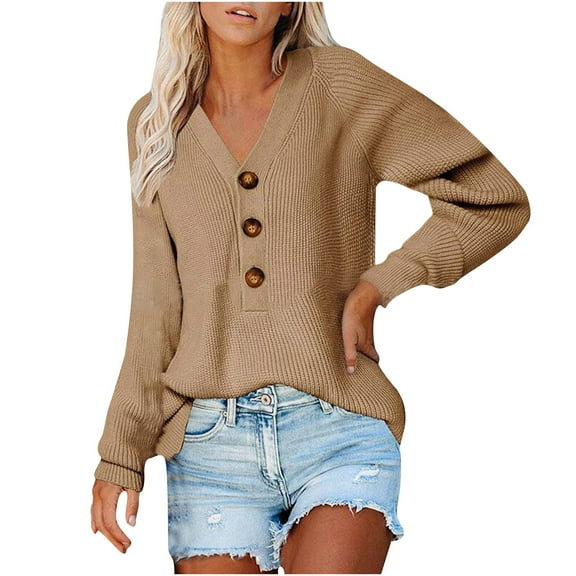 Aoochasliy Womens Sweaters Pullover Clothes Trendy Casual V-Neck Solid Knitted Sweater Tops