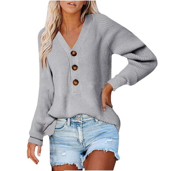 Aoochasliy Womens Sweaters Pullover Clearance Trendy Casual V-Neck Solid Knitted Sweater Tops