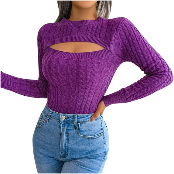 Aoochasliy Womens Sweaters Pullover Clearance Trendy Solid Pullover Round-Neck Sweater