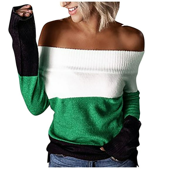 Aoochasliy Womens Sweaters Pullover Clothes Trendy Stripes Patchwork Strapless Tops Pullover Sweater